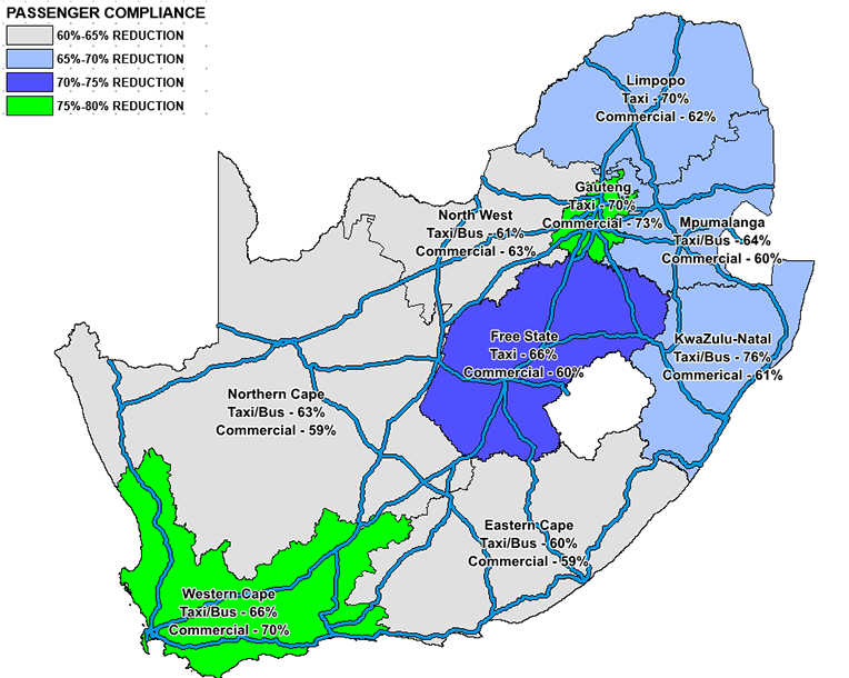 A multi-coloured map of South Africa showing passenger compliance