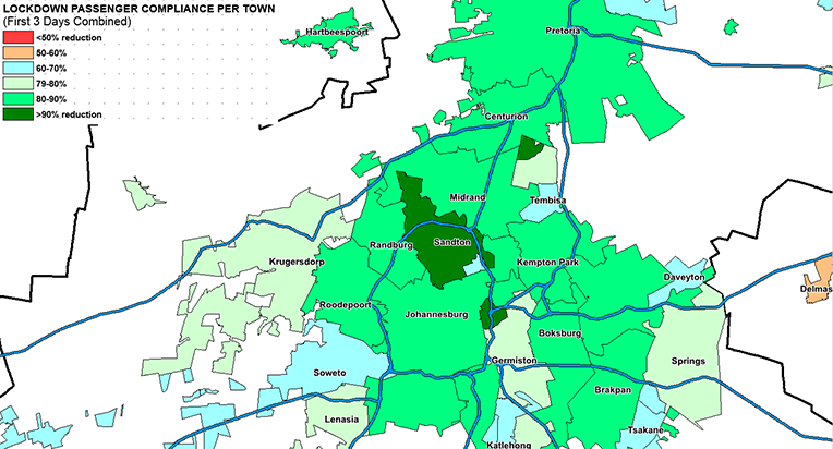 A multi-coloured map of Gauteng showing passenger compliance